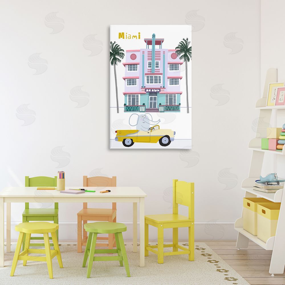Carla Daly Elephant & Miami Hotel Stretched Canvas Wall Art Print in Room