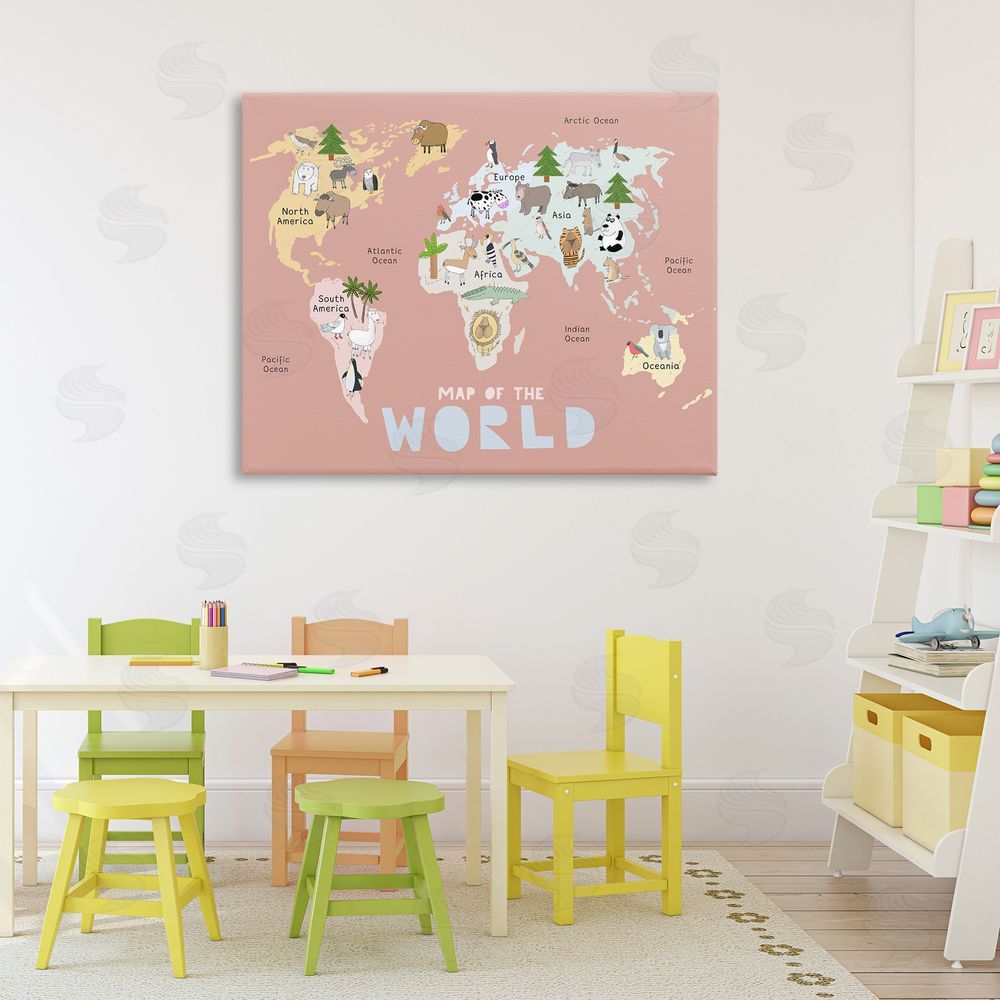 Carla Daly Kid's Map Of World Pink Stretched Canvas Wall Art Print in Room