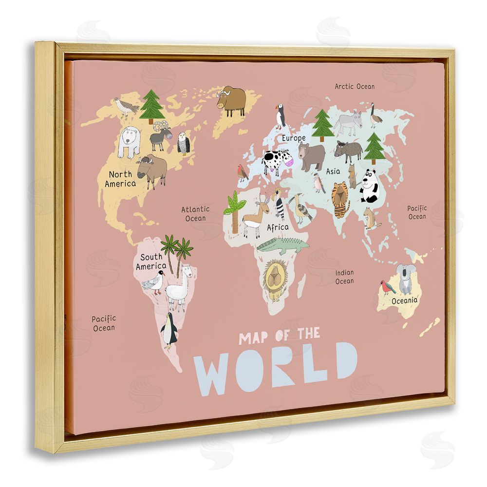 Carla Daly Kid's Map Of World Pink Gold Floating Frame Canvas Wall Art Print