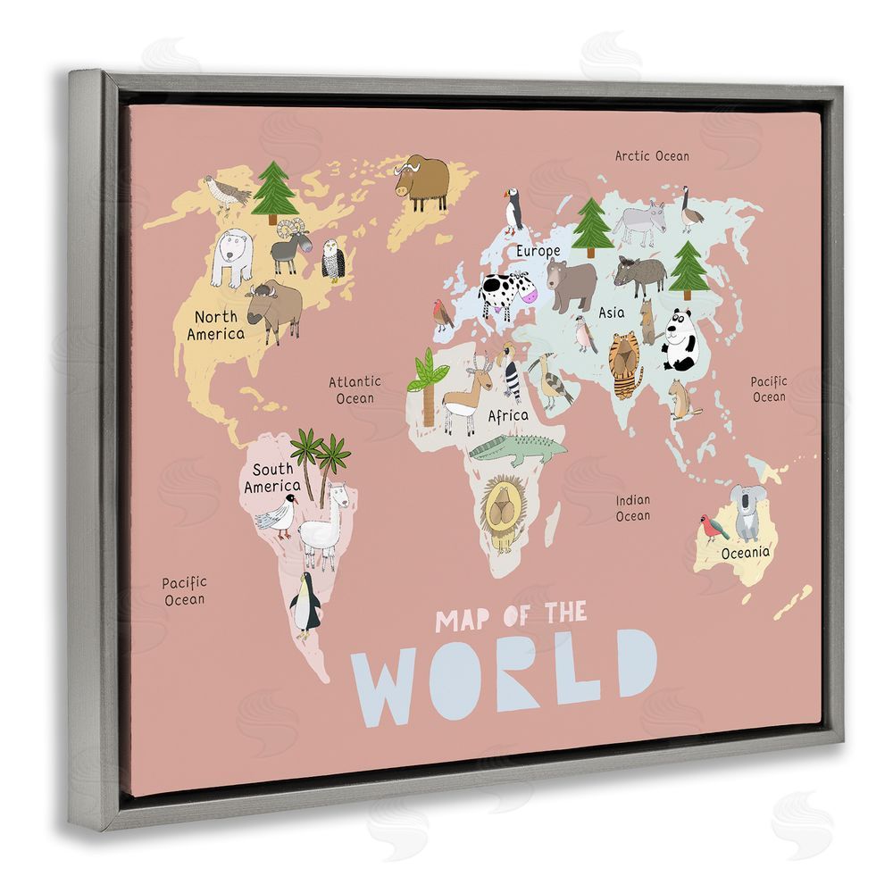 Carla Daly Kid's Map Of World Pink Gray Floating Frame Canvas Wall Art Print