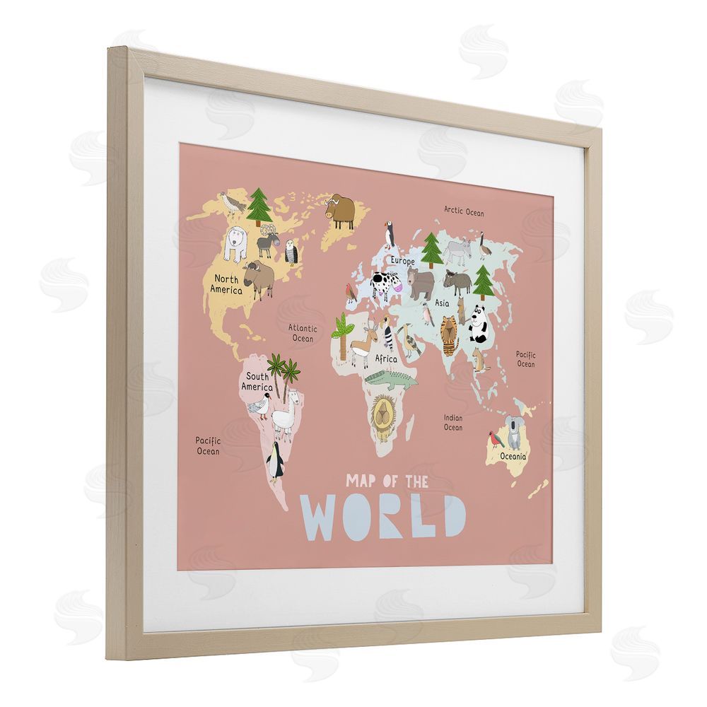 Carla Daly Kid's Map Of World Pink Brown Framed Print Under Glass Wall Art