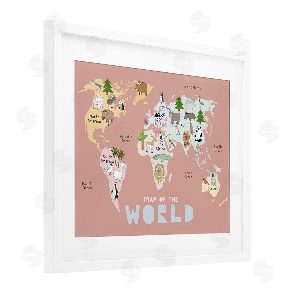 Carla Daly Kid's Map Of World Pink White Framed Print Under Glass Wall Art