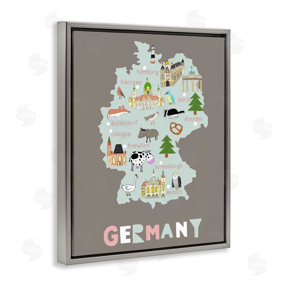 Carla Daly Kid's Map of Germany Gray Floating Frame Canvas Wall Art Print