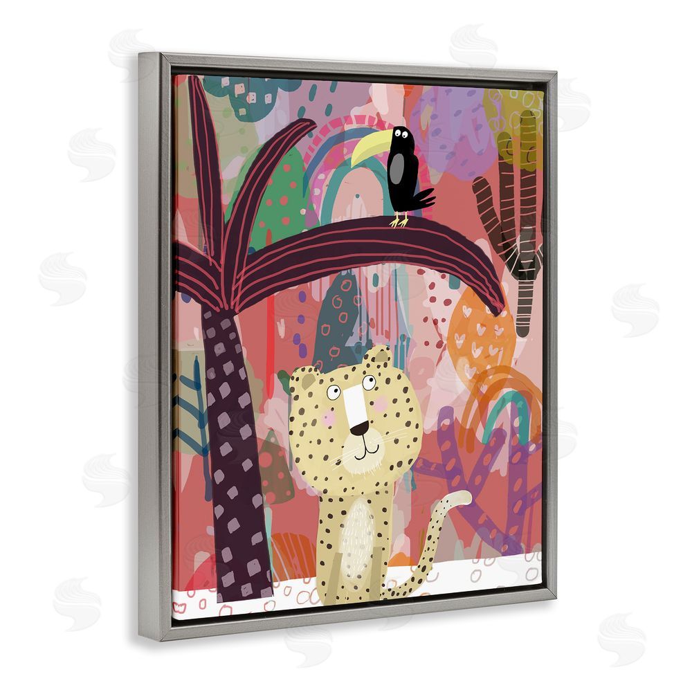 Carla Daly Whimsical Cheetah & Toucan Gray Floating Frame Canvas Wall Art Print