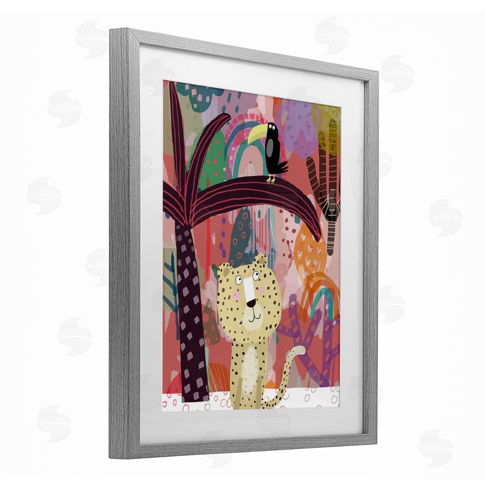 Carla Daly Whimsical Cheetah & Toucan Gray Framed Print Under Glass Wall Art