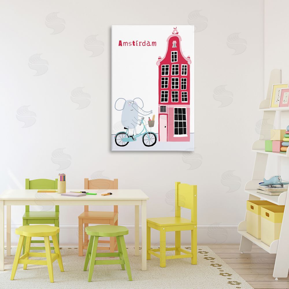 Carla Daly Elephant & Amsterdam Building Stretched Canvas Wall Art Print in Room