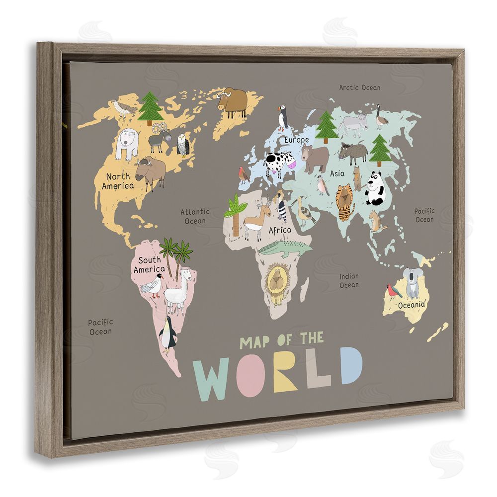 Carla Daly Kid's Map Of World Brown Brown Floating Frame Canvas Wall Art Print