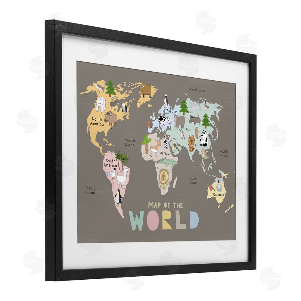 Carla Daly Kid's Map Of World Brown Black Framed Print Under Glass Wall Art