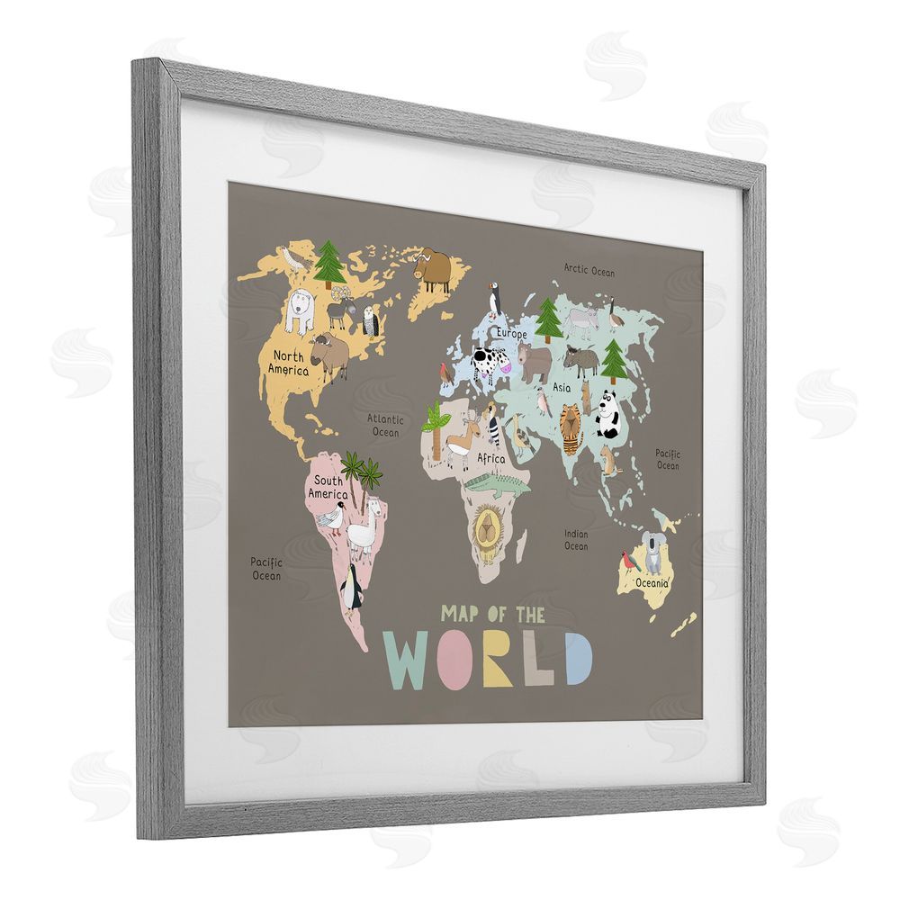 Carla Daly Kid's Map Of World Brown Gray Framed Print Under Glass Wall Art