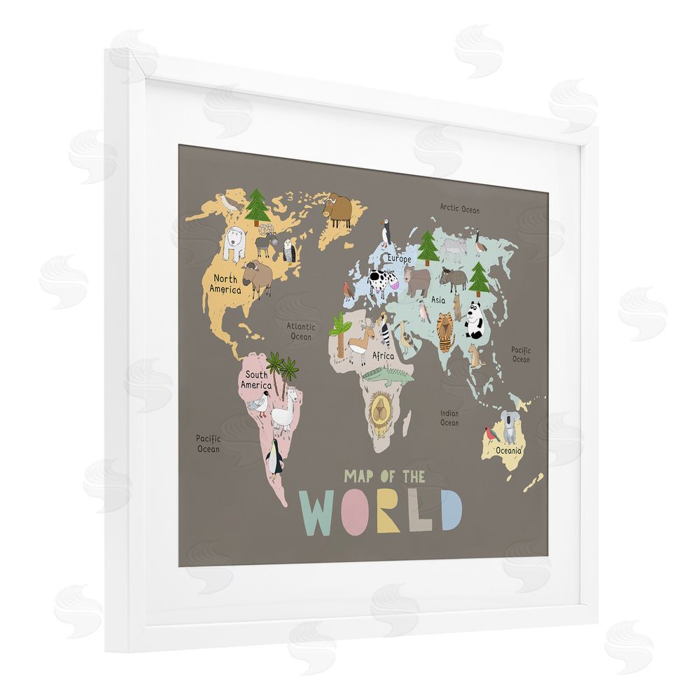 Carla Daly Kid's Map Of World Brown White Framed Print Under Glass Wall Art