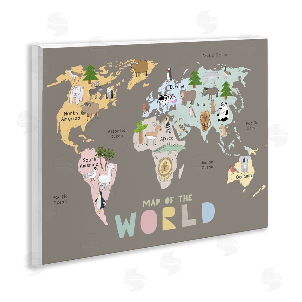 Carla Daly Kid's Map Of World Brown Wooden Wall Plaque Art Print