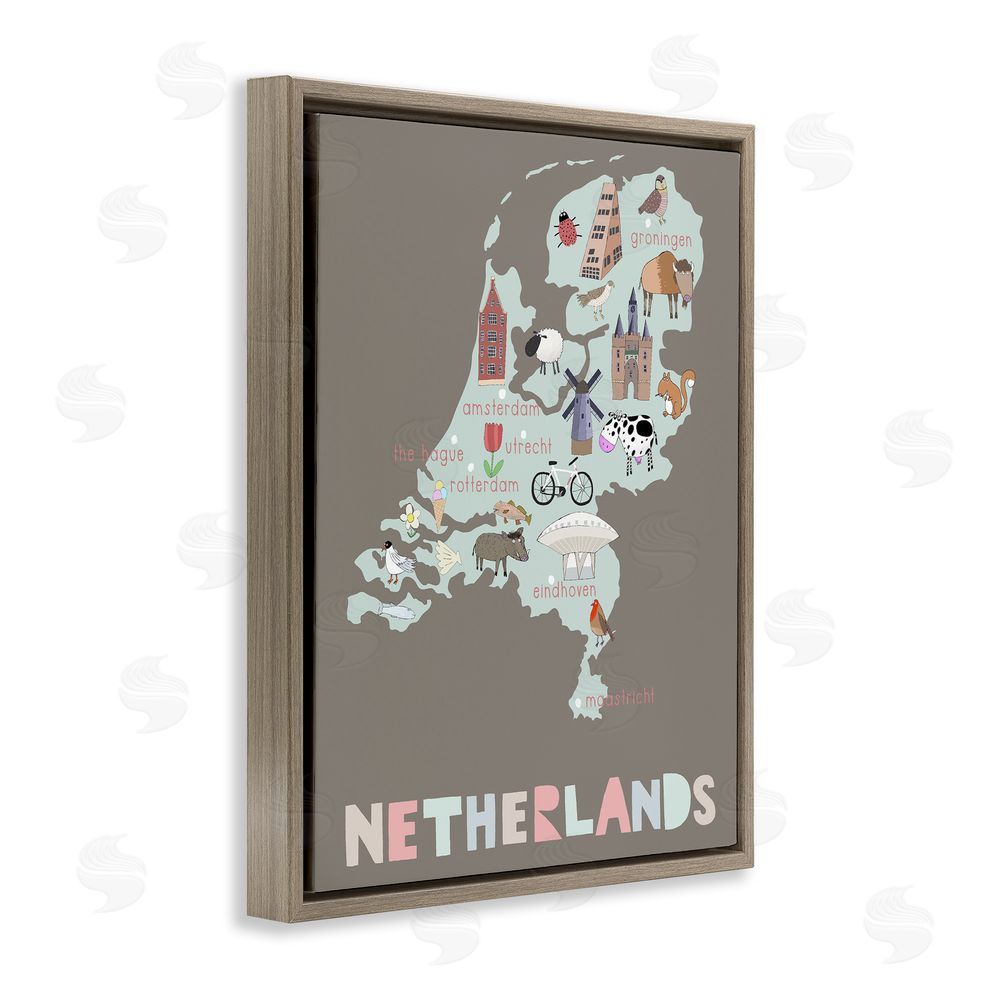 Carla Daly Kid's Map of Netherlands Brown Floating Frame Canvas Wall Art Print