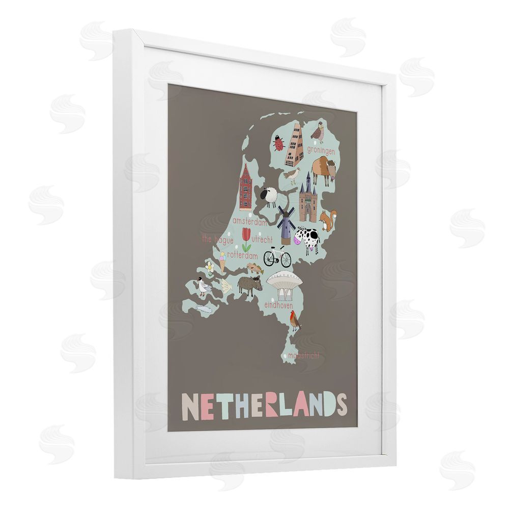 Carla Daly Kid's Map of Netherlands White Framed Print Under Glass Wall Art