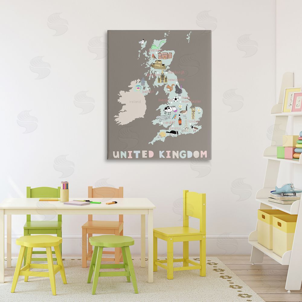 Carla Daly Kid's Map of United Kingdom Stretched Canvas Wall Art Print in Room