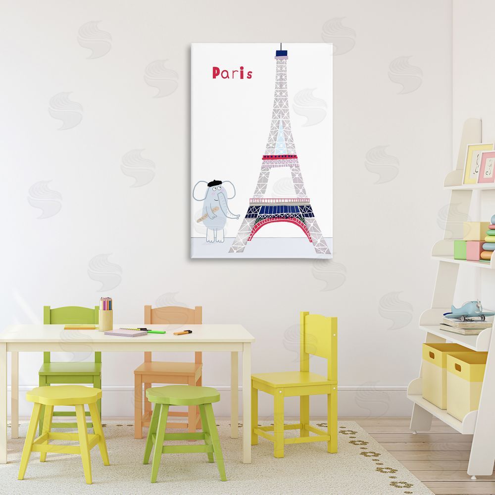 Carla Daly Elephant & Eiffel Tower Stretched Canvas Wall Art Print in Room