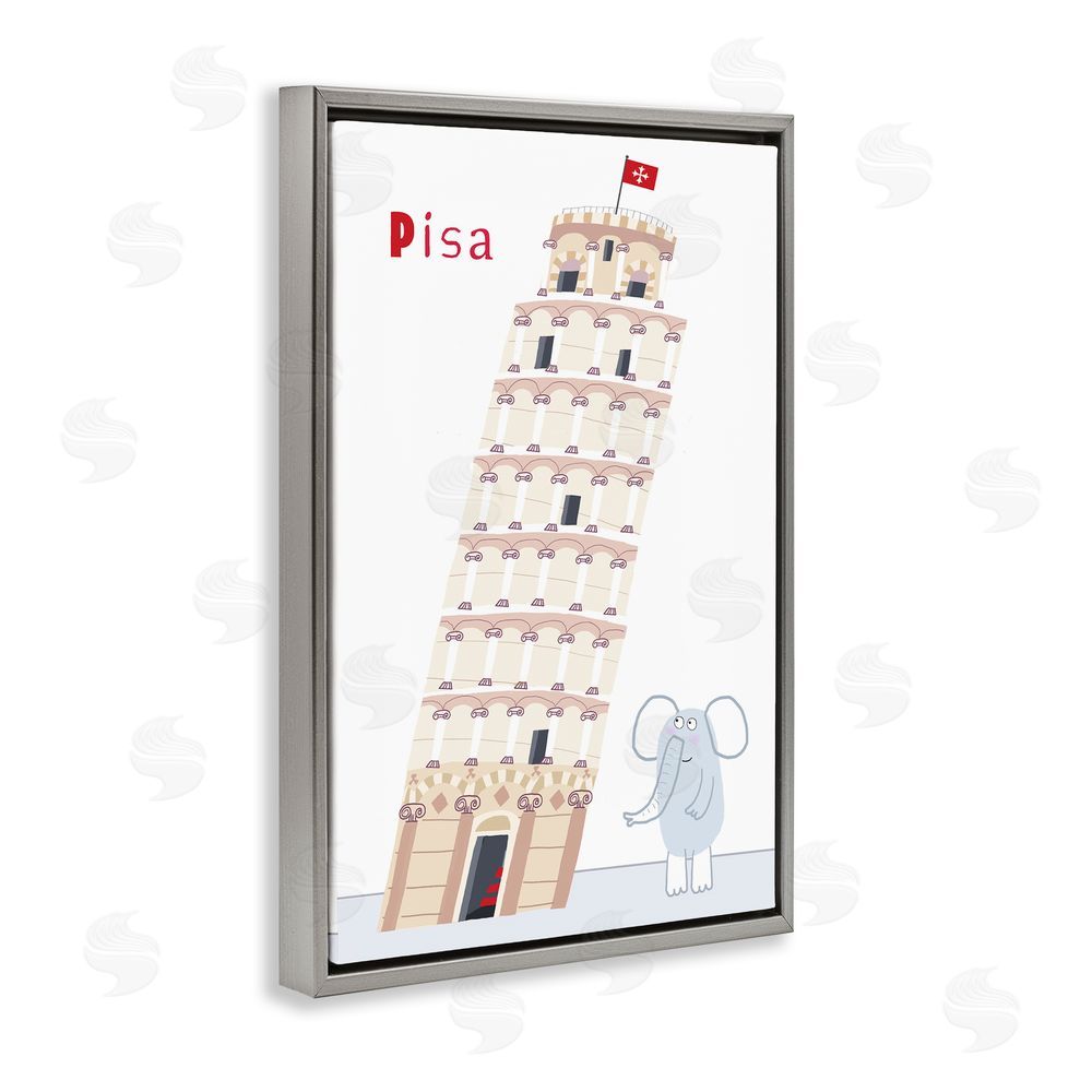 Carla Daly Elephant & Leaning Tower Pisa Gray Floating Frame Canvas Wall Art Print