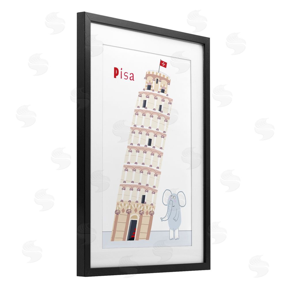 Carla Daly Elephant & Leaning Tower Pisa Black Framed Print Under Glass Wall Art