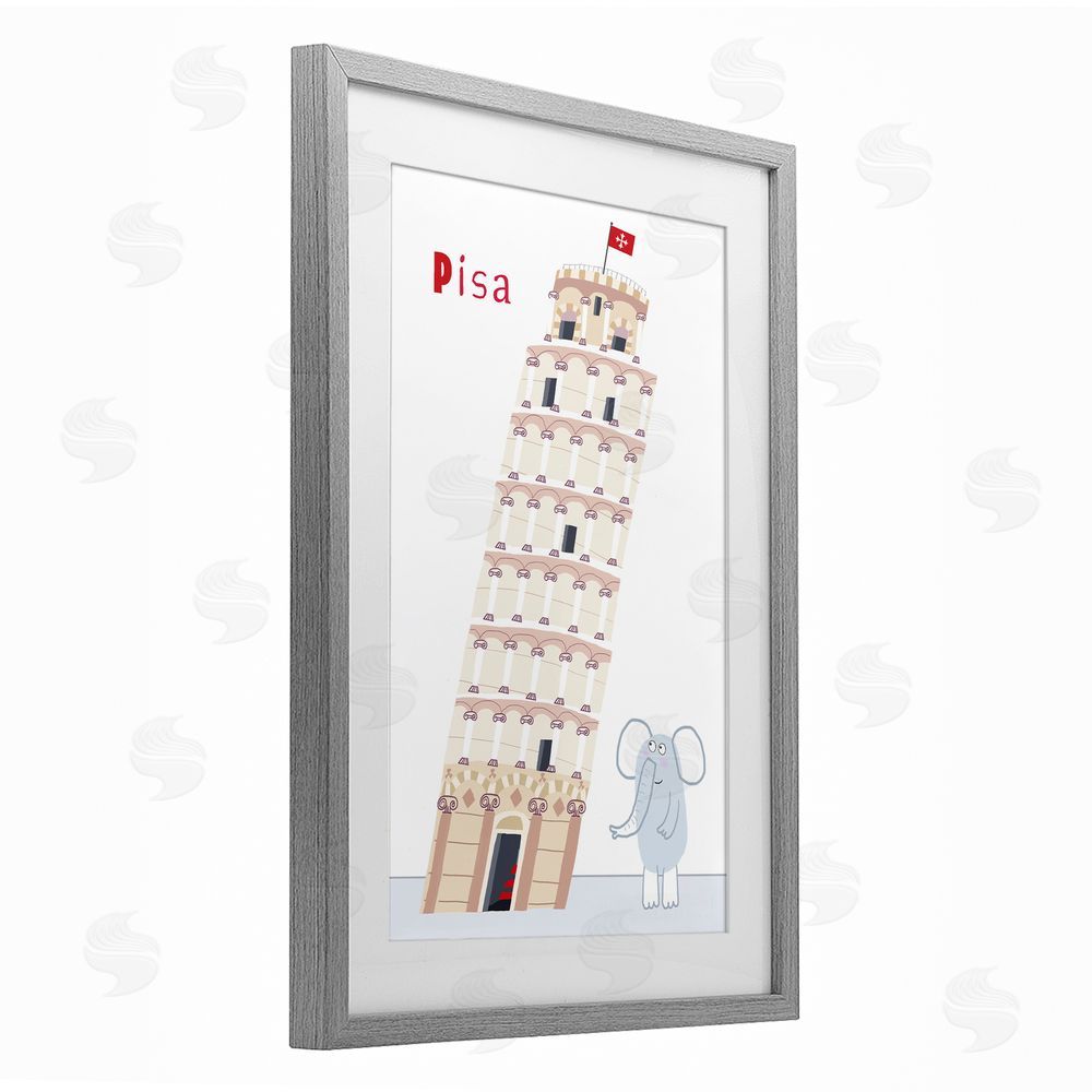 Carla Daly Elephant & Leaning Tower Pisa Gray Framed Print Under Glass Wall Art