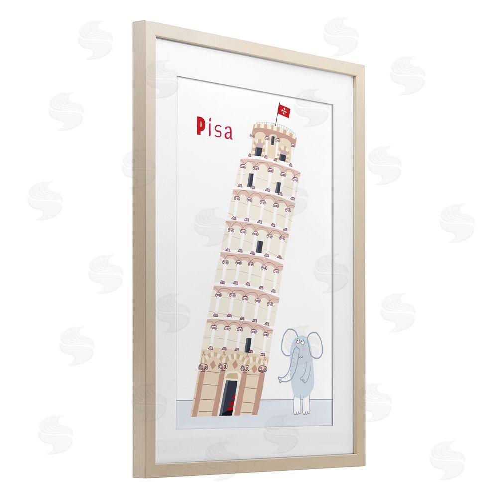 Carla Daly Elephant & Leaning Tower Pisa Brown Framed Print Under Glass Wall Art