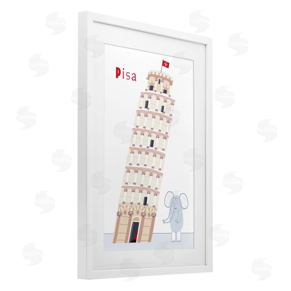 Carla Daly Elephant & Leaning Tower Pisa White Framed Print Under Glass Wall Art