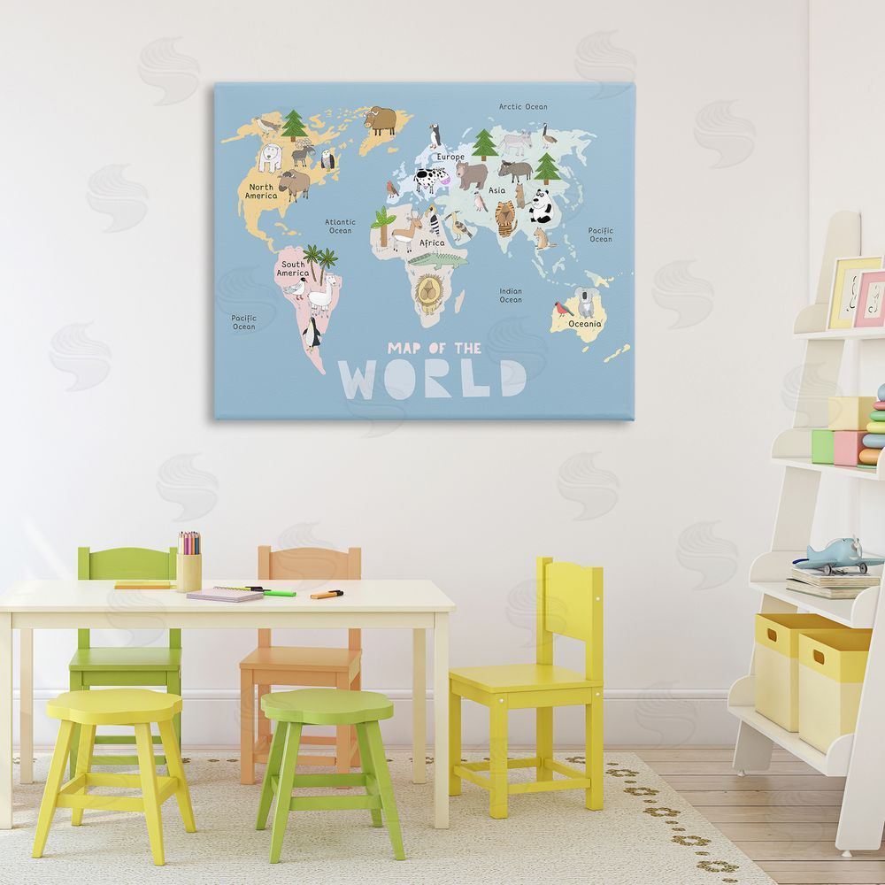 Carla Daly Kid's Map Of World Blue Stretched Canvas Wall Art Print in Room