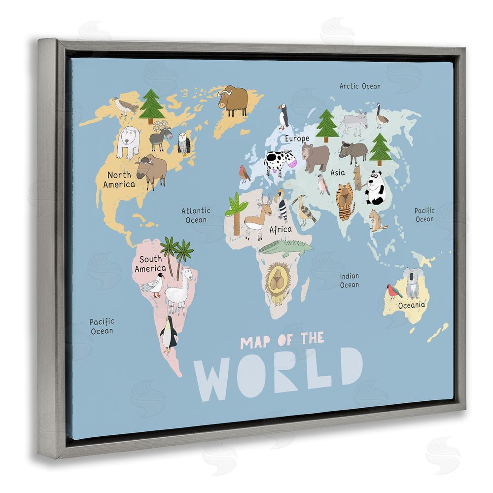 Carla Daly Kid's Map Of World Blue Gray Floating Frame Canvas Wall Art Print