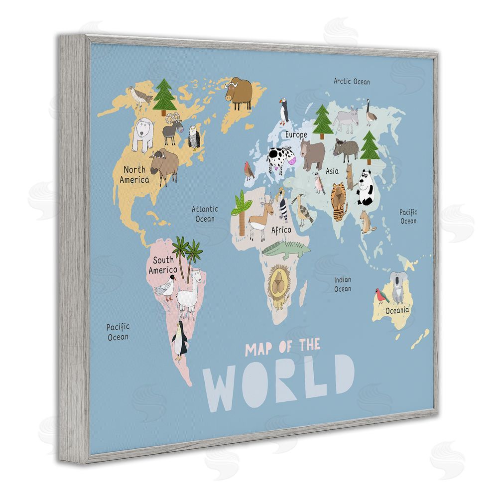 Carla Daly Kid's Map Of World Blue Gray Framed Giclee Print Wall Art