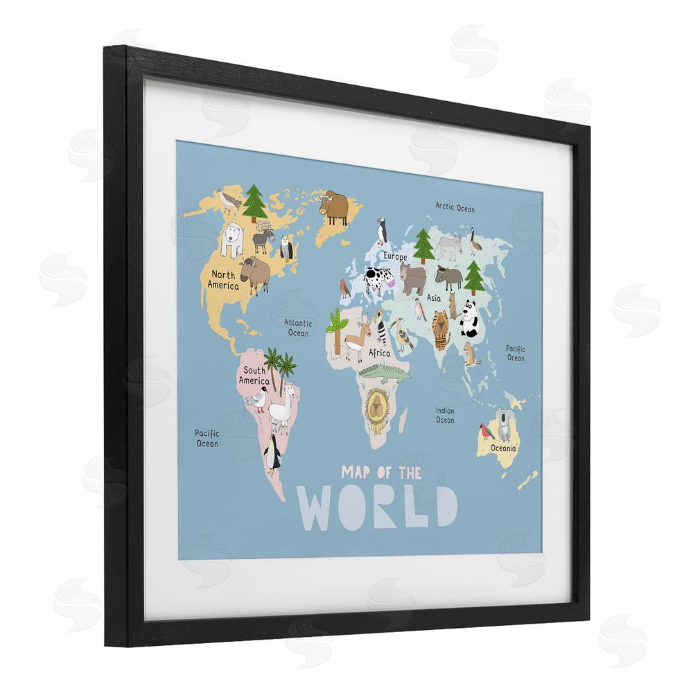 Carla Daly Kid's Map Of World Blue Black Framed Print Under Glass Wall Art