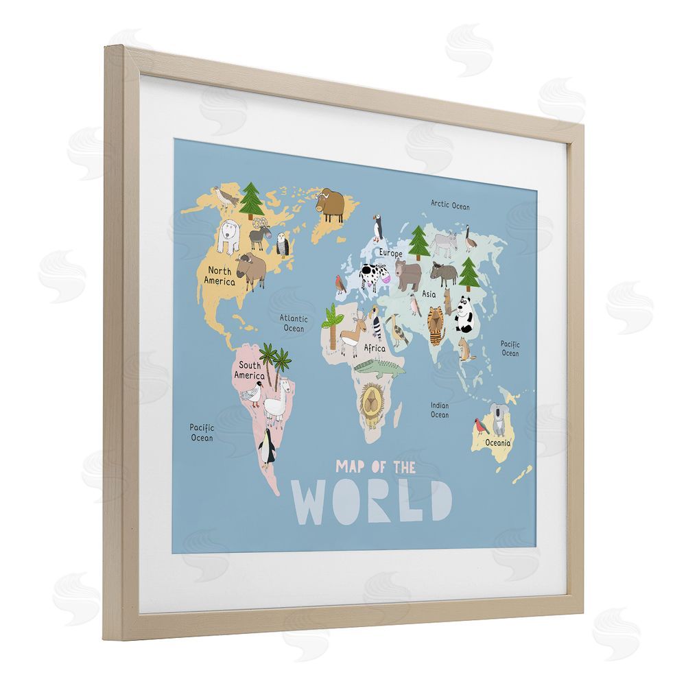 Carla Daly Kid's Map Of World Blue Brown Framed Print Under Glass Wall Art