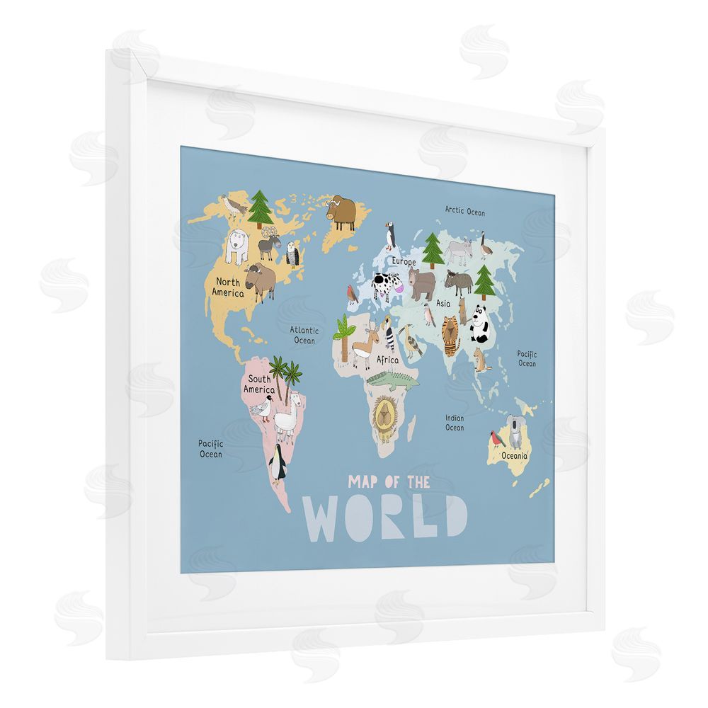 Carla Daly Kid's Map Of World Blue White Framed Print Under Glass Wall Art