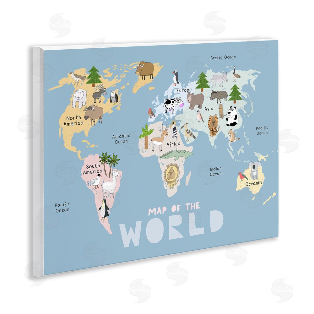 Carla Daly Kid's Map Of World Blue Wooden Wall Plaque Art Print