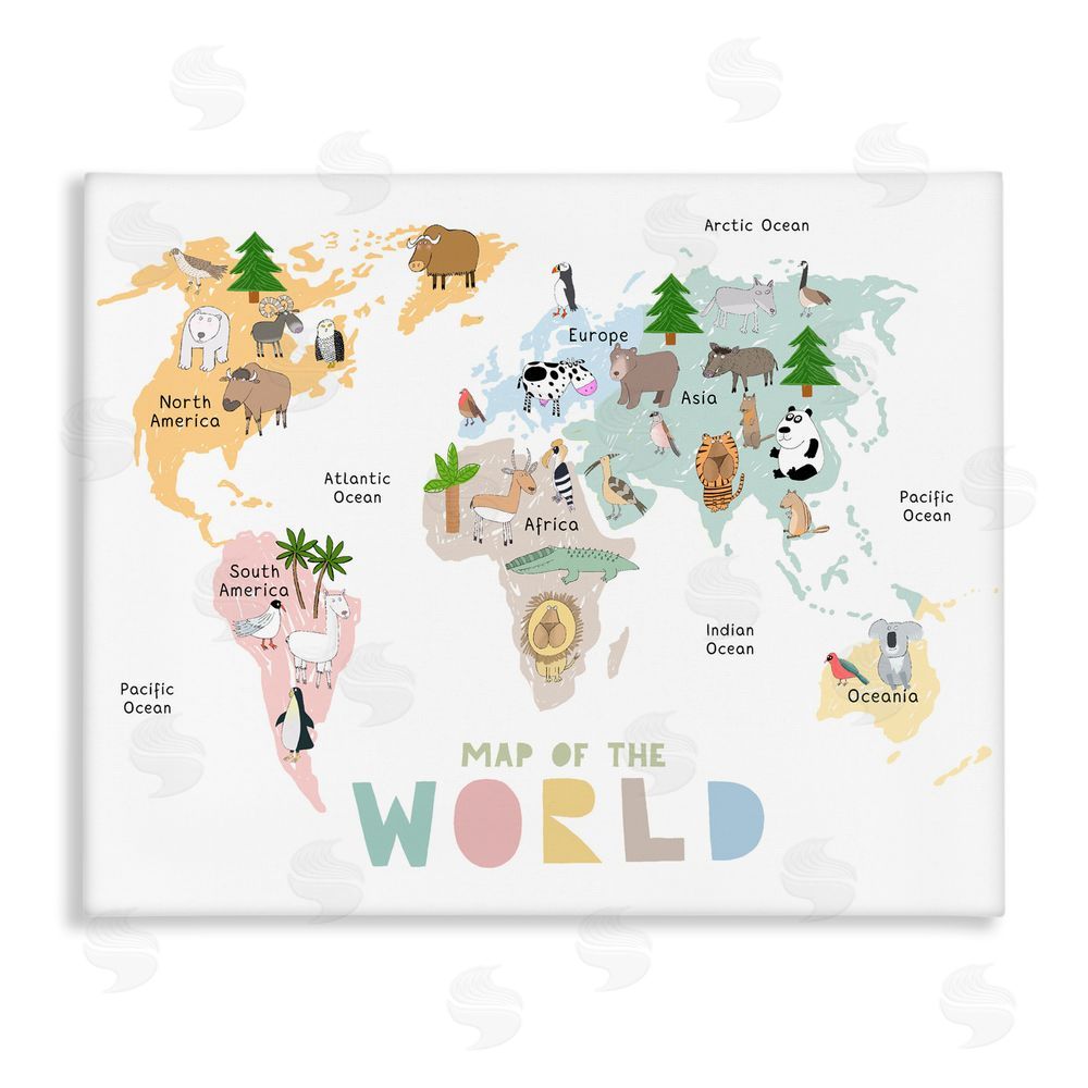 Carla Daly Map Of World Pastel Animals Stretched Canvas Wall Art Print