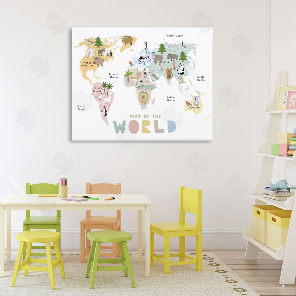 Carla Daly Map Of World Pastel Animals Stretched Canvas Wall Art Print in Room