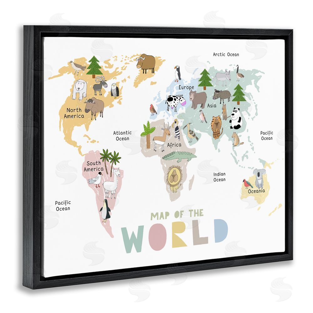 Carla Daly Map Of World Pastel Animals Black Floating Frame Canvas Wall Art Print