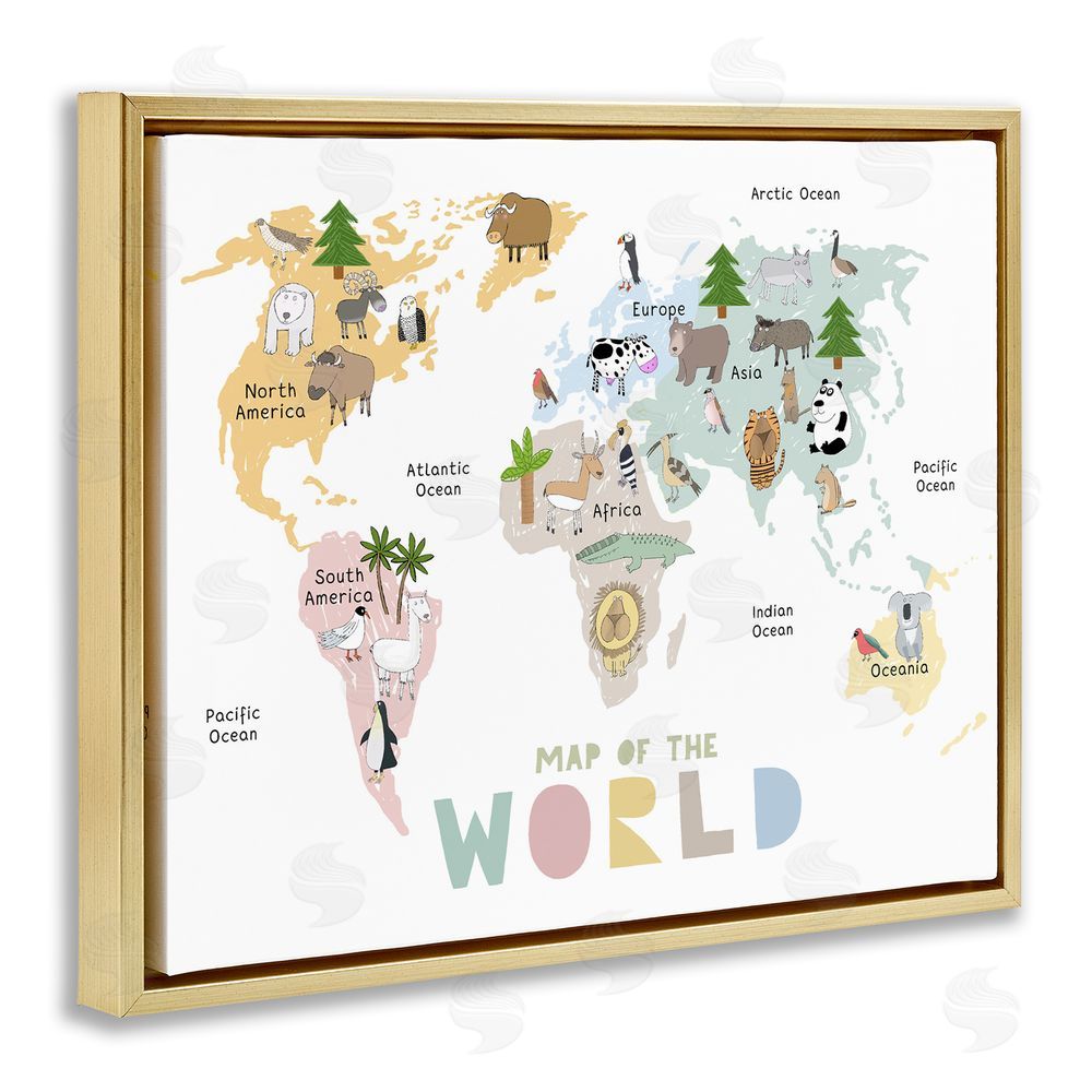 Carla Daly Map Of World Pastel Animals Gold Floating Frame Canvas Wall Art Print