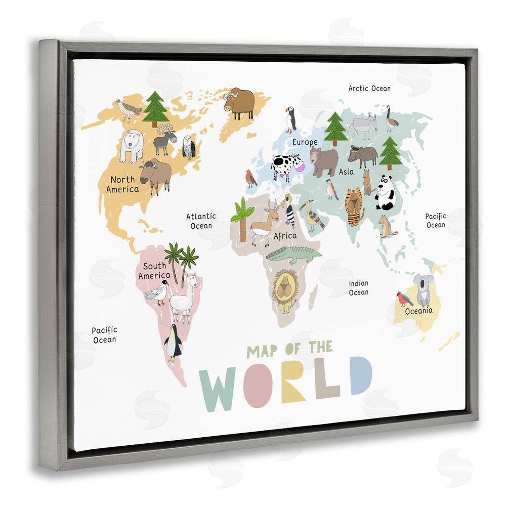 Carla Daly Map Of World Pastel Animals Gray Floating Frame Canvas Wall Art Print