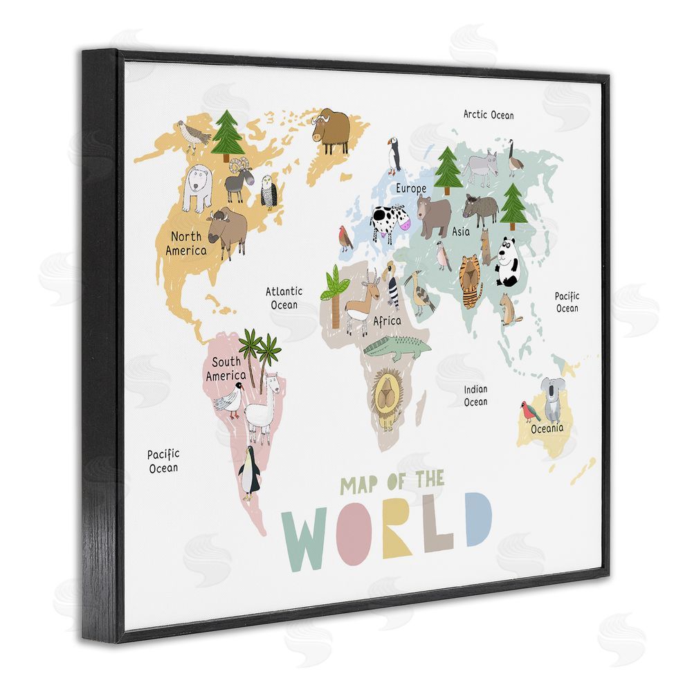 Carla Daly Map Of World Pastel Animals Black Framed Giclee Print Wall Art