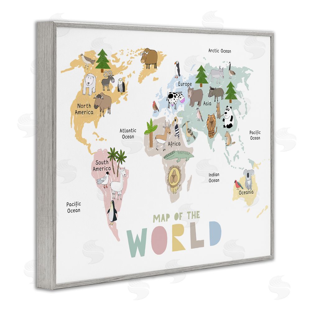 Carla Daly Map Of World Pastel Animals Gray Framed Giclee Print Wall Art