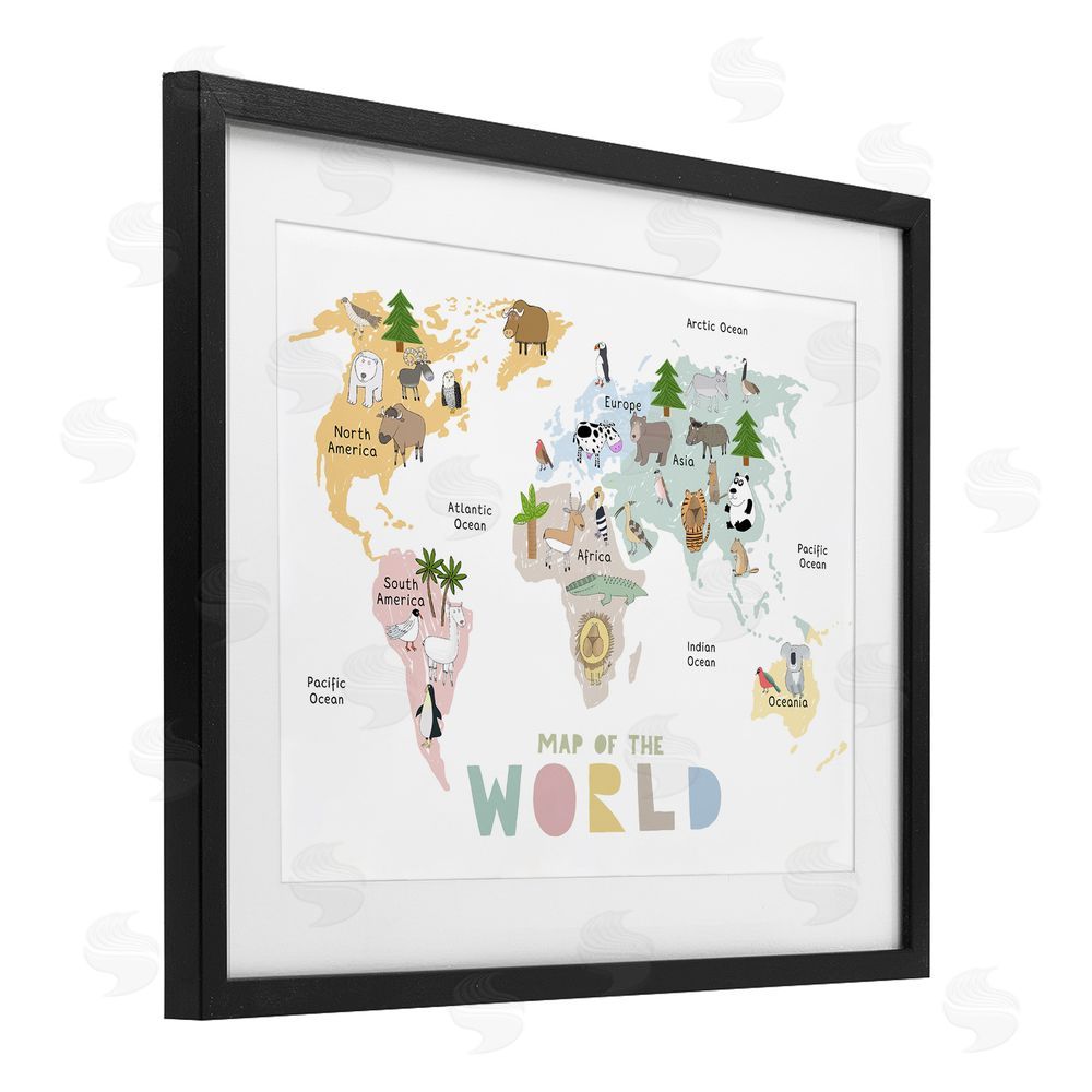 Carla Daly Map Of World Pastel Animals Black Framed Print Under Glass Wall Art