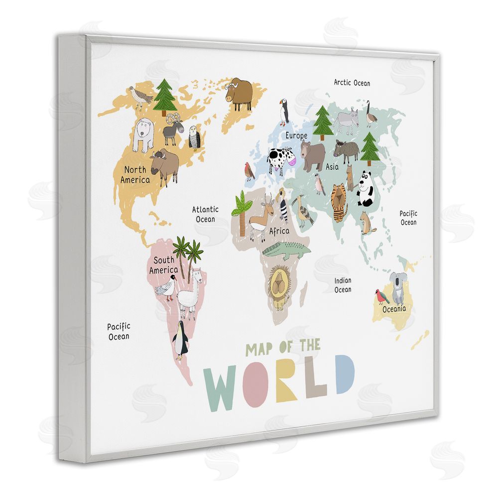 Carla Daly Map Of World Pastel Animals White Framed Giclee Print Wall Art