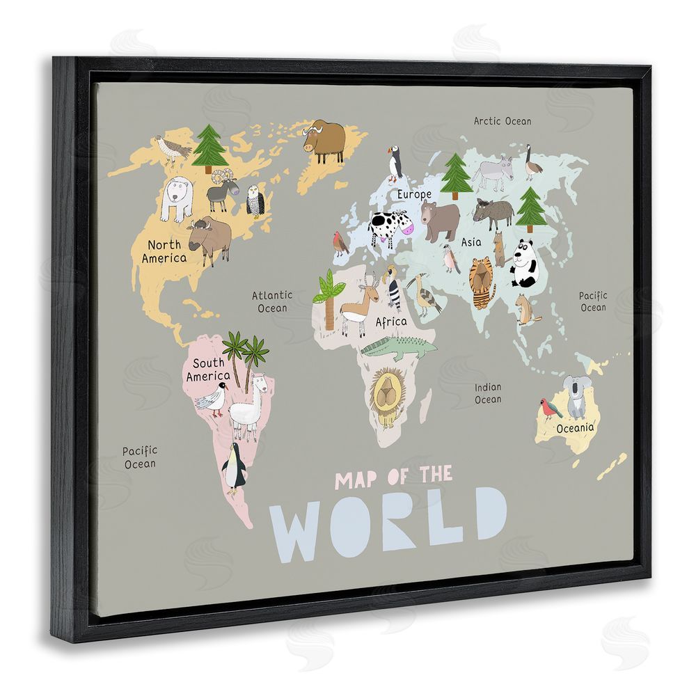 Carla Daly Kid's Map Of World Grey Black Floating Frame Canvas Wall Art Print