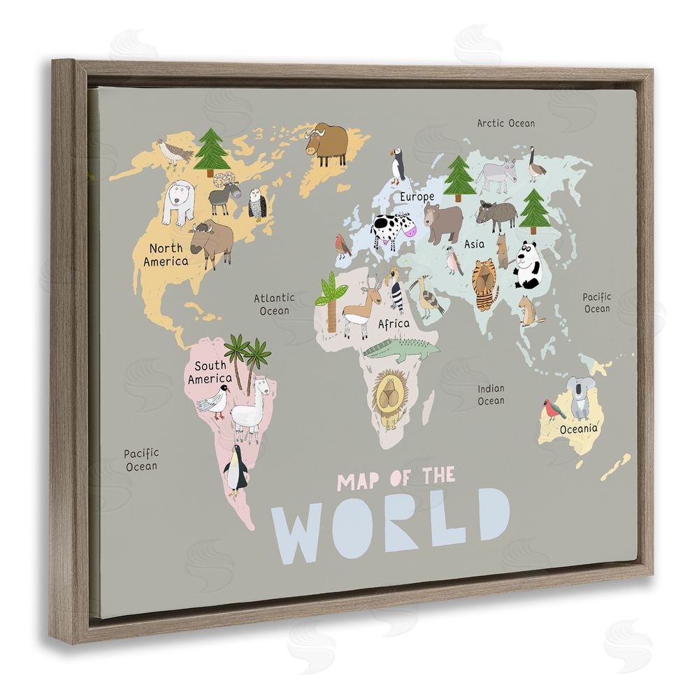 Carla Daly Kid's Map Of World Grey Brown Floating Frame Canvas Wall Art Print