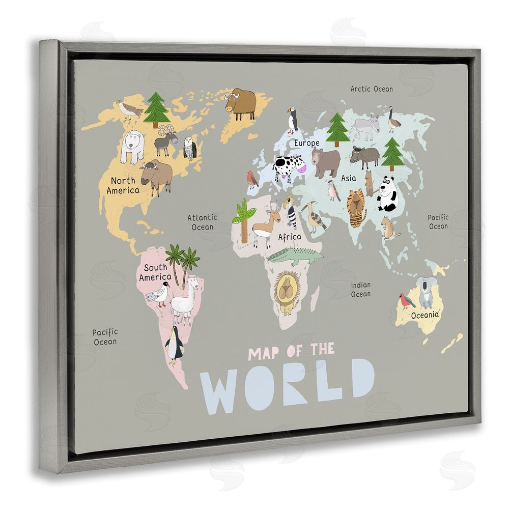 Carla Daly Kid's Map Of World Grey Gray Floating Frame Canvas Wall Art Print