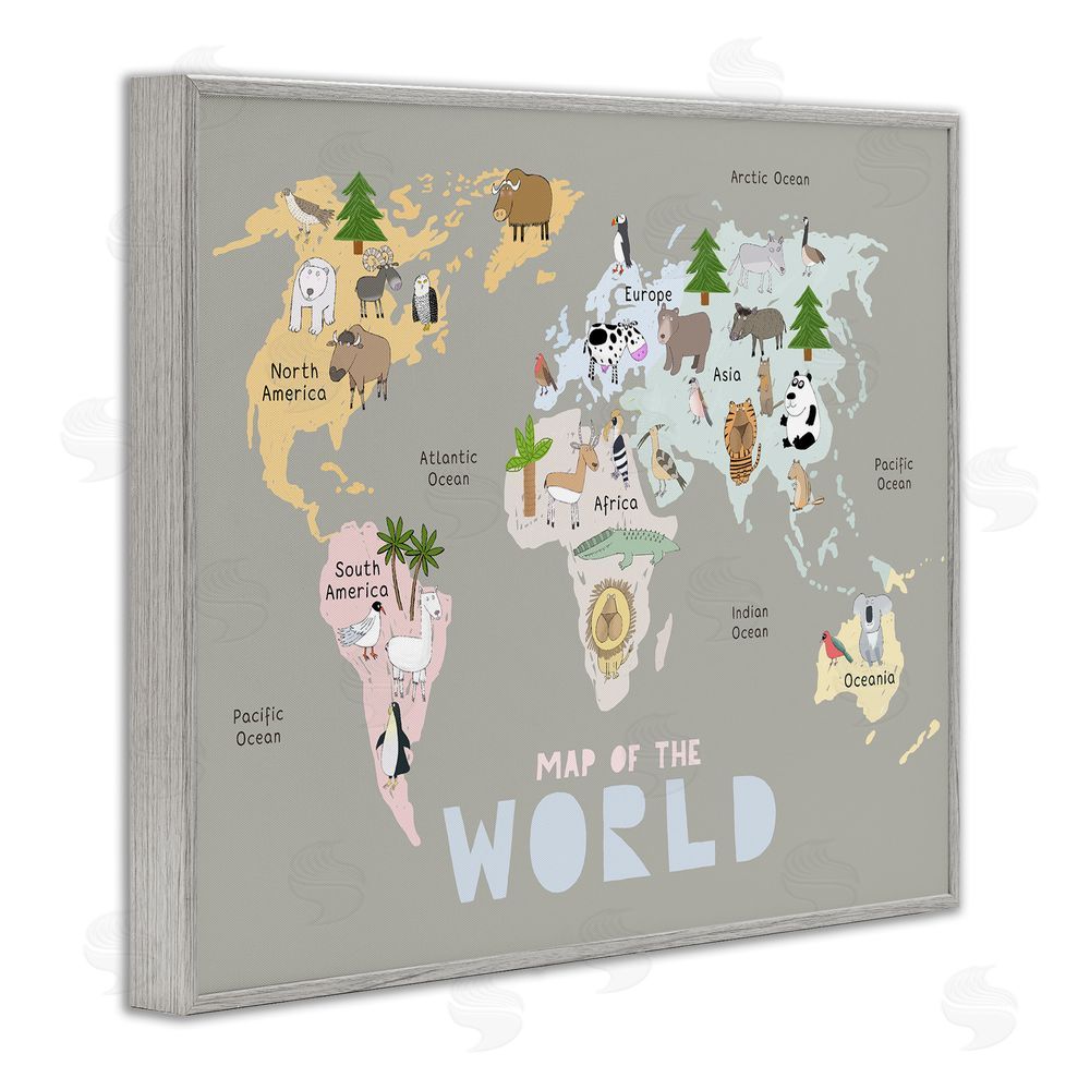 Carla Daly Kid's Map Of World Grey Gray Framed Giclee Print Wall Art