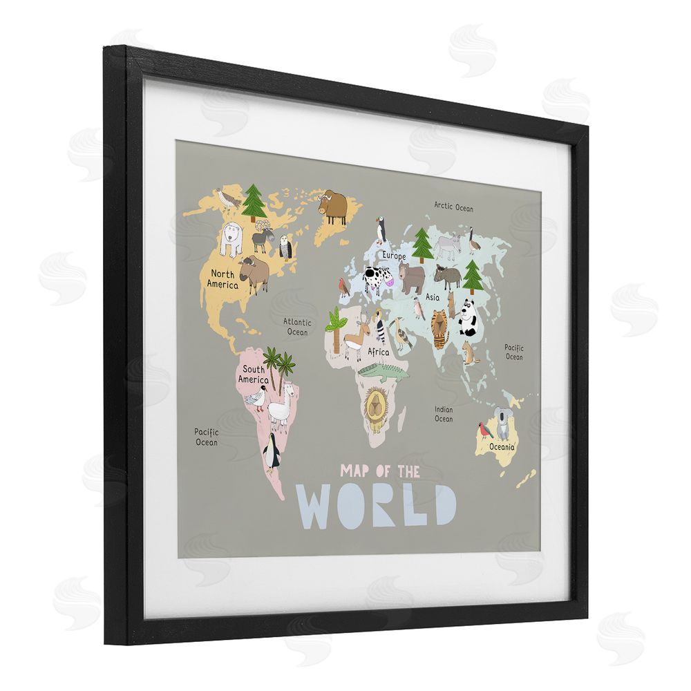 Carla Daly Kid's Map Of World Grey Black Framed Print Under Glass Wall Art