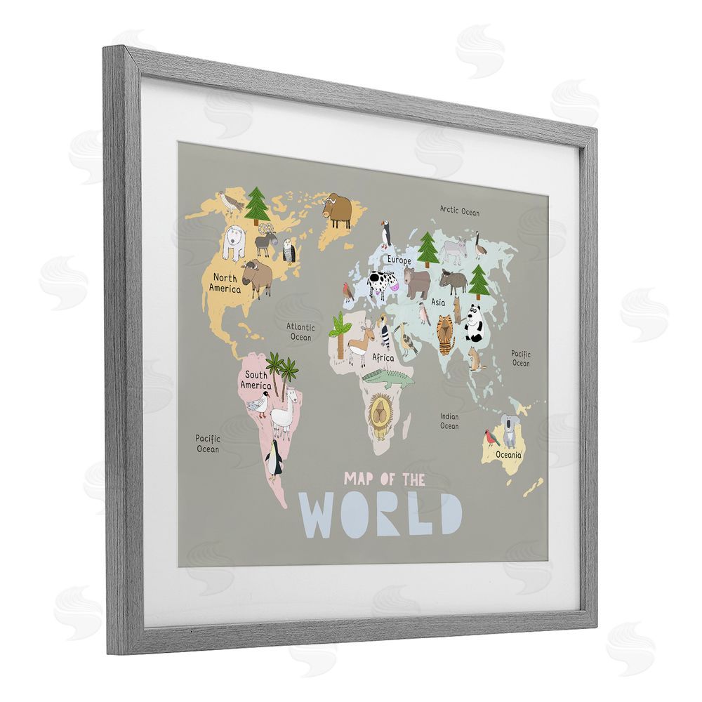 Carla Daly Kid's Map Of World Grey Gray Framed Print Under Glass Wall Art