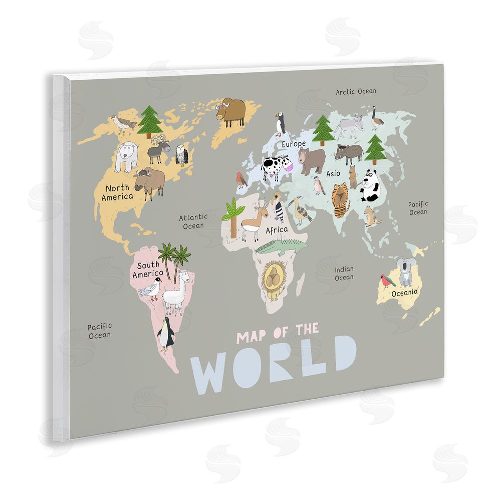 Carla Daly Kid's Map Of World Grey Wooden Wall Plaque Art Print