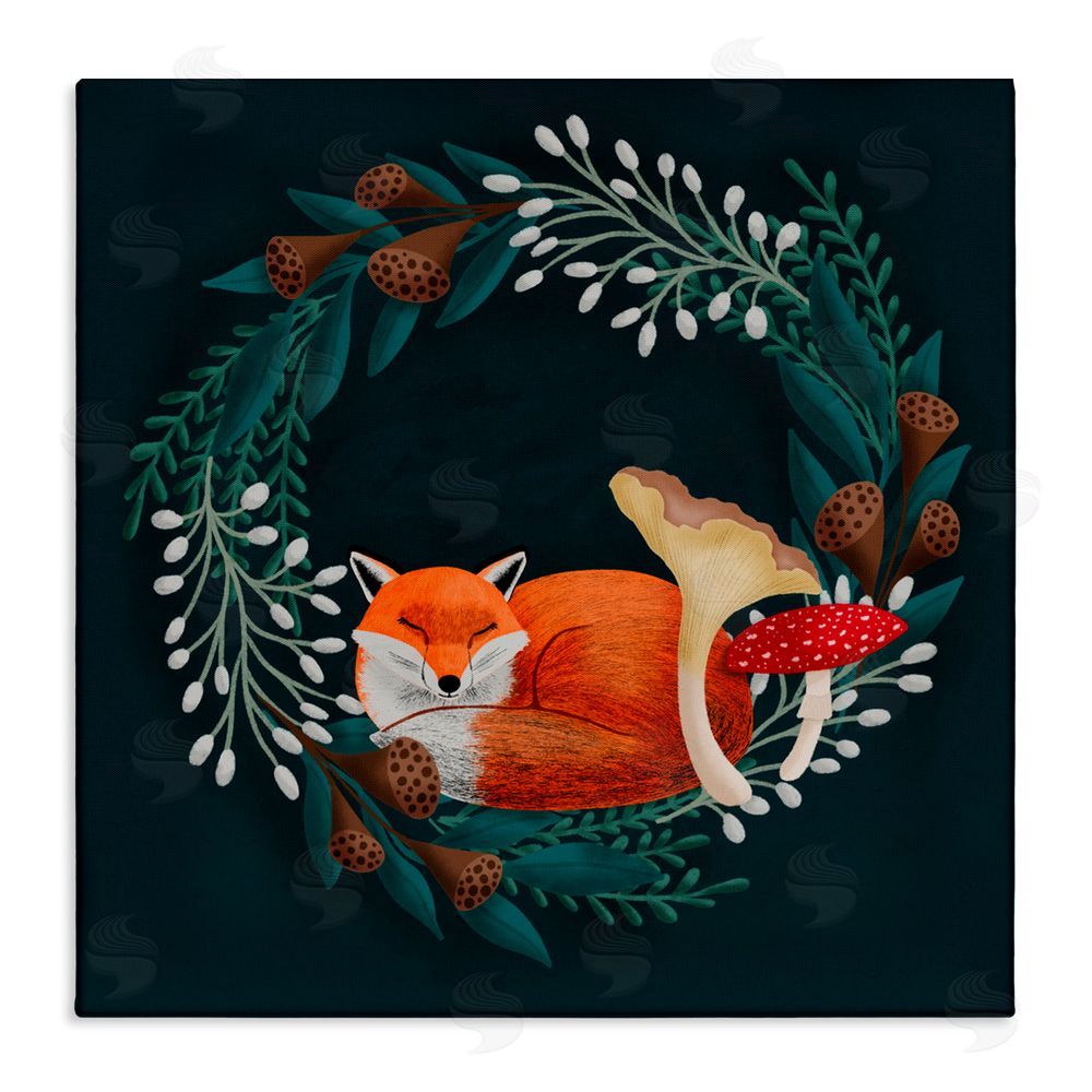 Metka Hiti Sleepy Fox in Botanical Wreath Stretched Canvas Wall Art Print