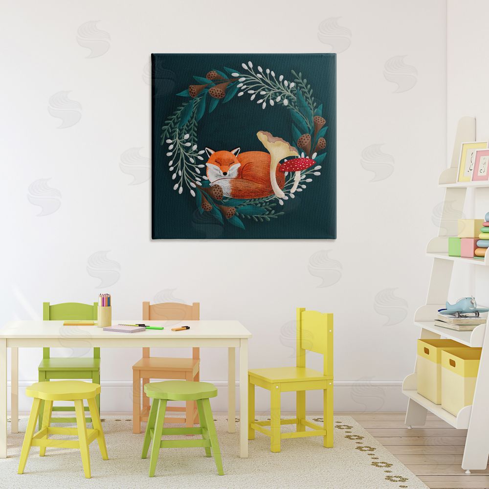 Metka Hiti Sleepy Fox in Botanical Wreath Stretched Canvas Wall Art Print in Room