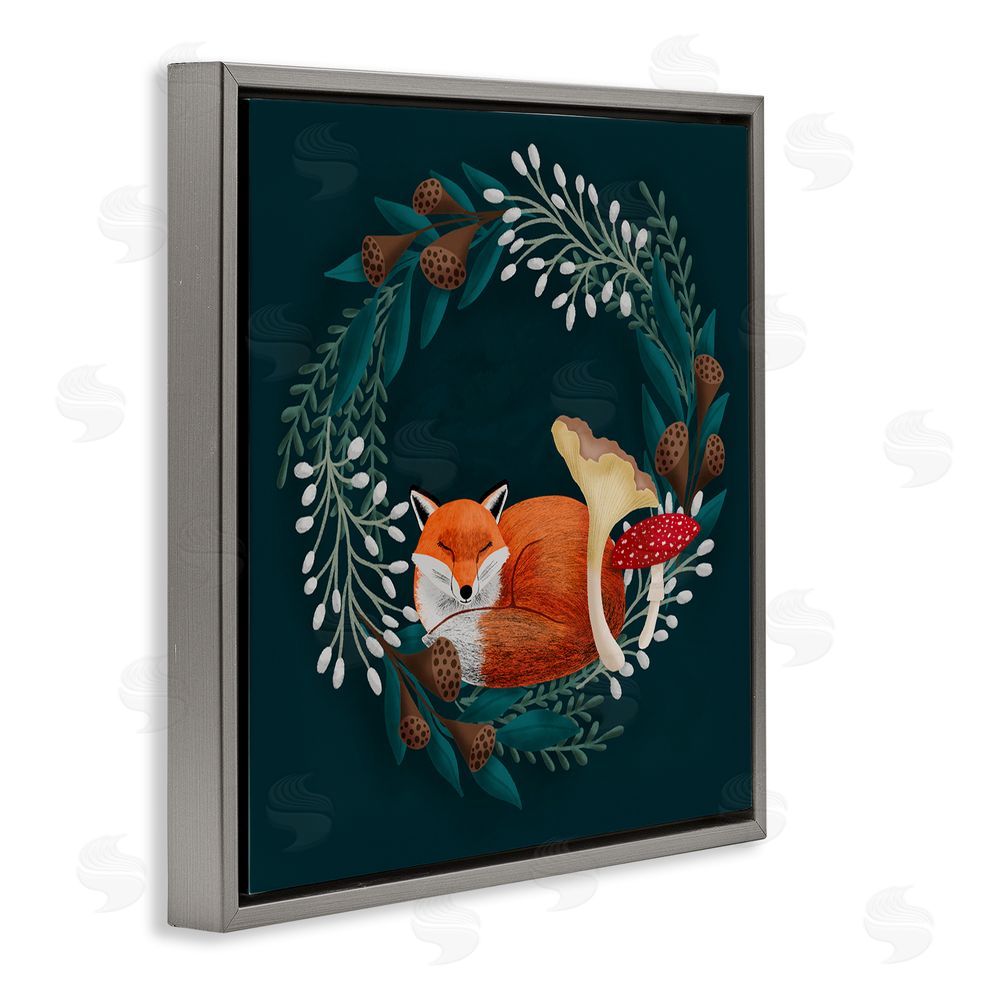 Metka Hiti Sleepy Fox in Botanical Wreath Gray Floating Frame Canvas Wall Art Print